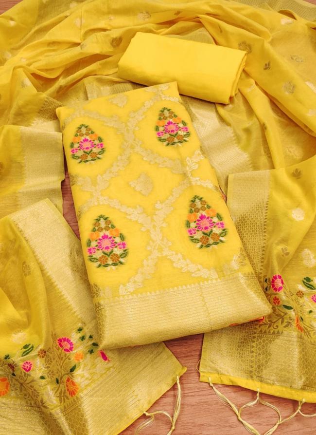 Chanderi Banarasi Yellow Traditional Wear Weaving Dress Material
